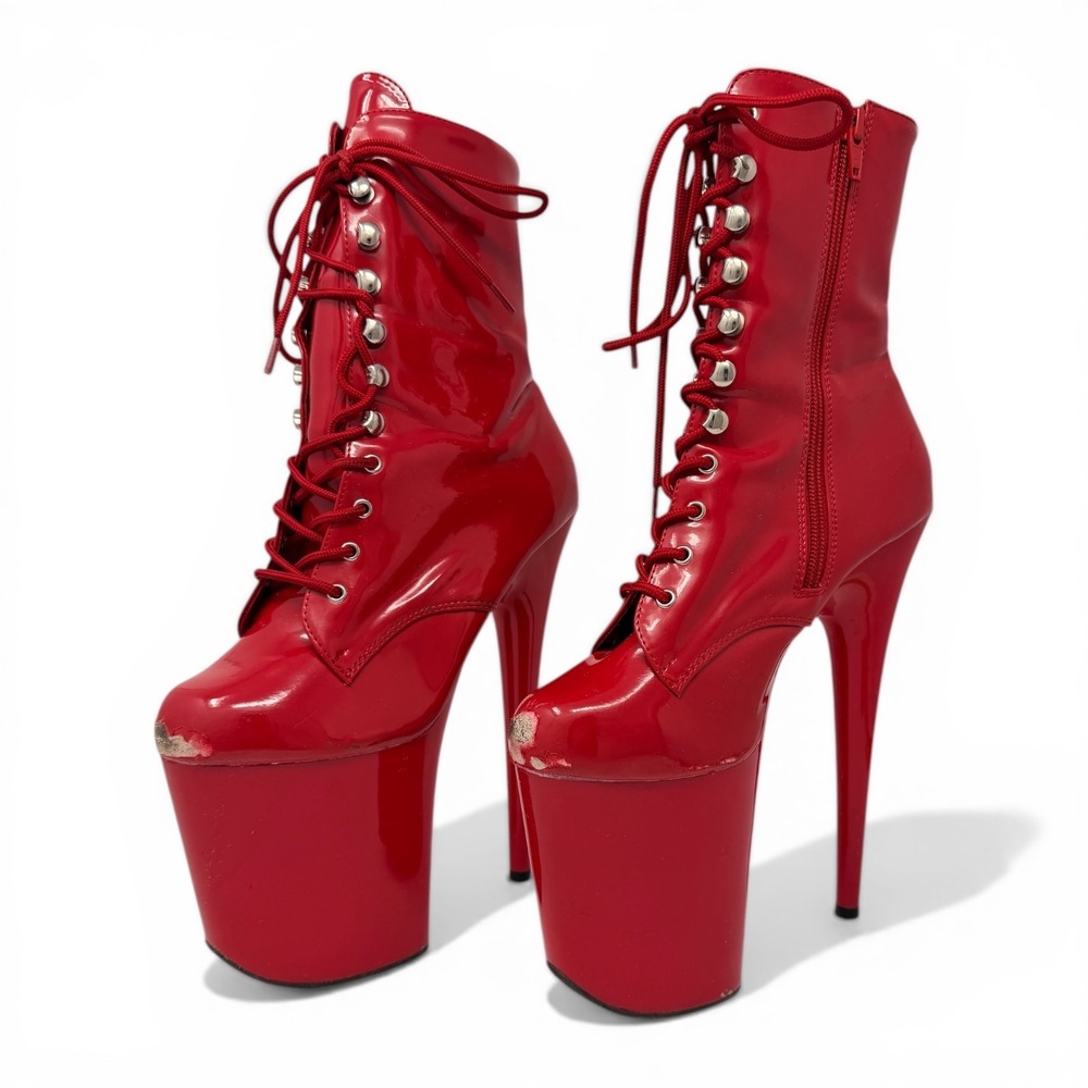 Pleaser Flamingo-1020 Red Patent 8"‎ Platform Ankle Boot Size 8 Lace-Up Zip